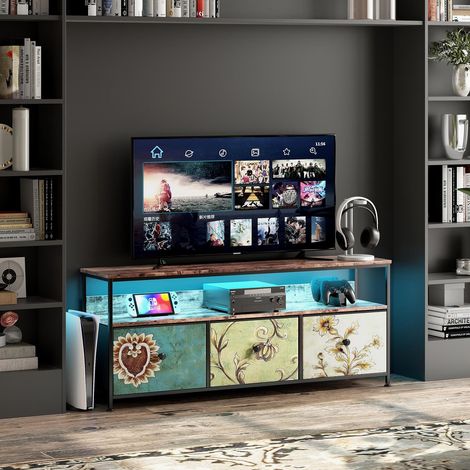 Mobile TV 137 cm - con 3 cassetti, Mobile TV con illuminazione a LED, Struttura in ferro, Piedini regolabili in altezza, Mobile TV con motivo vintage - Marrone (1/5)