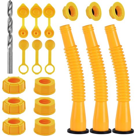Kit de remplacement pour embout de bidon d'essence avec perceuse - Adaptateur pour écrou hexagonal, tuyau de carburant flexible et bouchons anti-déversement (jaune, plusieurs tailles disponibles) (1/5)