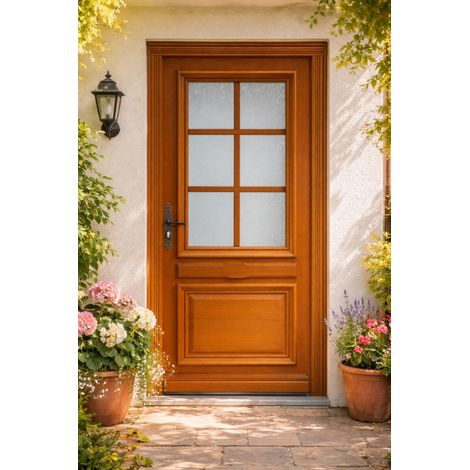 Porte D'entrée Bois Vitrée, Cumin, H215 X L90 Cm Côte Tableau P.droit Gd Menuiseries