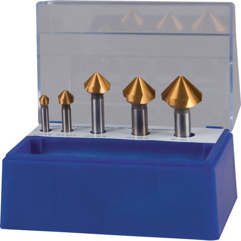Jeu de fraises coniques DIN 335C 90 degrés 6,3-25 mm HSS TiN 5 pièces coffret plastique TECWERK (1/2)
