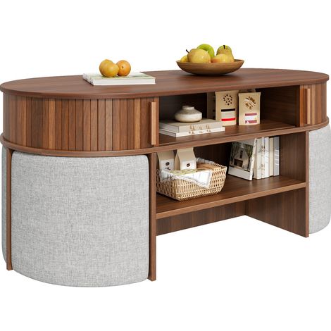 Table basse ovale avec rangement et tabourets assortis, portes coulissantes, rainures verticales, structure en MDF et panneau de particules, bois foncé CHICFURN (1/5)
