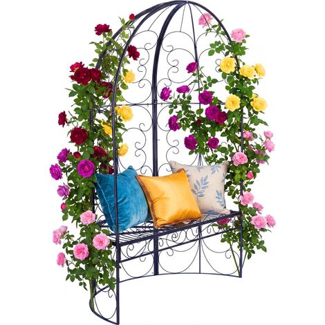Relaxdays Gartenbank mit Rankpavillon, Laubenbank bis 240 kg, HBT 178 x 120 x 58 cm, Garten Rosenbogen mit Bank, schwarz