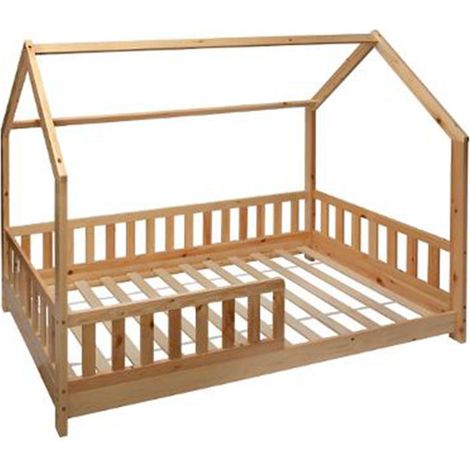 Atmosphera – Lit cabane enfant 90x190cm en bois naturel – Dimensions L. 195 x l. 98,2 x H. 145,7 cm – Design ludique pour chambre d'enfant (1/2)