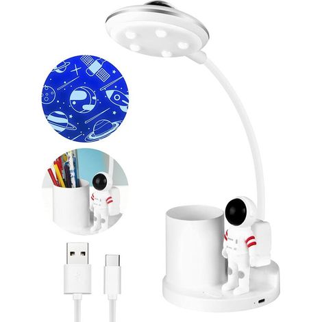 Lampe de Bureau Enfant LED 5W, Lampe de Table Sans Fil Dimmable Rechargeable avec Porte-stylo et Projection, Lampe de Lecture Liseuse Col de Cygne Flexible pour Bureau Salle D'étude (blanc) (1/5)