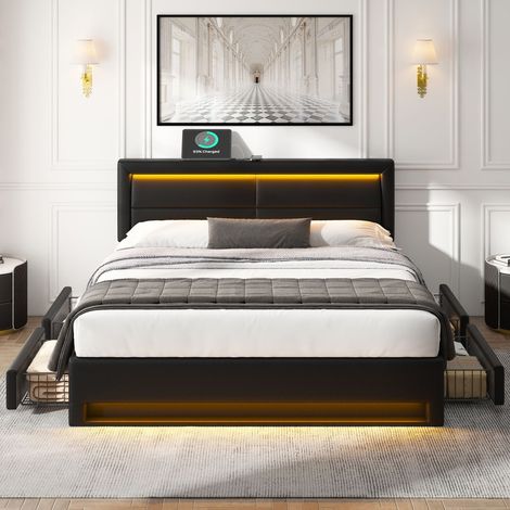Lit double 140x200 cm en pu avec USB et éclairage LED,lit coffre avec 4 tiroirs et sommier à lattes pour enfant/adulte,noir (1/5)