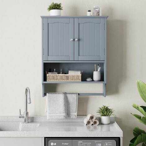Armoire murale de salle de bain, avec étagères réglables, 2 portes et étagères ouvertes, porte-serviettes, 56 x 19 x 70 cm, Bleu (1/5)