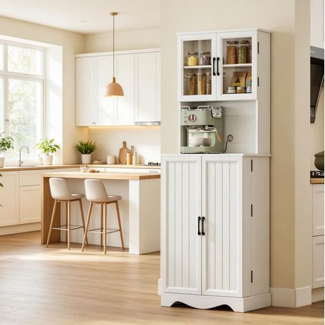 Buffet haut de cuisine avec plan de travail, 4 portes et 8 étagères de porte, blanc HAVRYA (1/5)