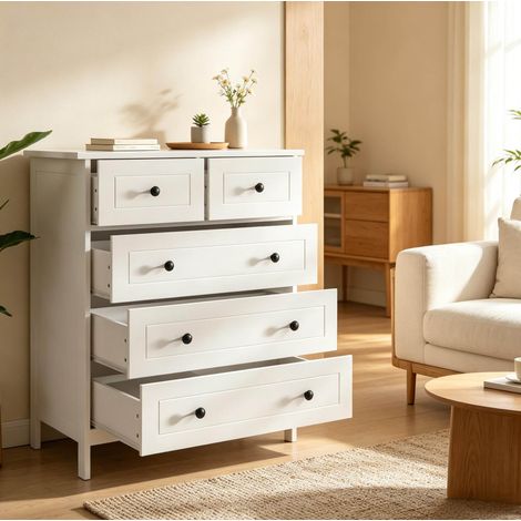 Commode à 5 tiroirs 74x40x91 cm en MDF et panneau de particules blanc, gain de place – MEUBLIV (1/5)