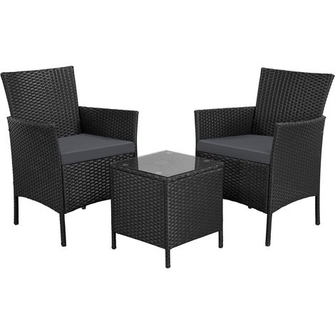 Homevive Conjunto de Muebles de Jardín Juego de 2 Sillas y 1 Mesa de Ratán PE Impermeable Sillas para Exteriores con Cojines Negro