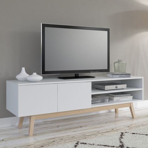 Le Quai Des Affaires – Meuble TV blanc 160cm – 2 portes sans poignée – 1 niche avec tablette réglable – Piétement en tilleul massif – Dimensions 160x42x50 cm (1/6)