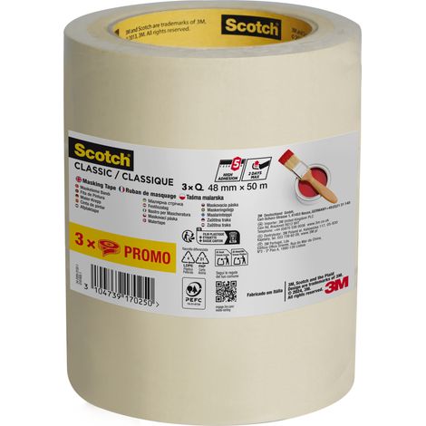 Ruban de masquage Scotch® Classic, 48 mm x 50 m, 3 Rouleaux/Emballage, 70% PEFC, SGSCH-PEFC-COC-110078