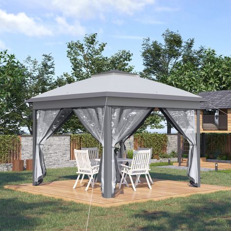 Gazebo pieghevole da giardino, in metallo e tessuto, con telo di copertura, tende a rete, fori di drenaggio, 330L x 330W x 288H cm, grigio.