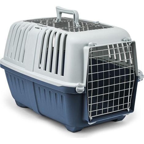 lionto Transportbox für Haustiere, robust & sicher, aus recyceltem Polypropylen, mit Metalltür & Tragegriff, 58,5x35,5x40 cm, dunkelblau