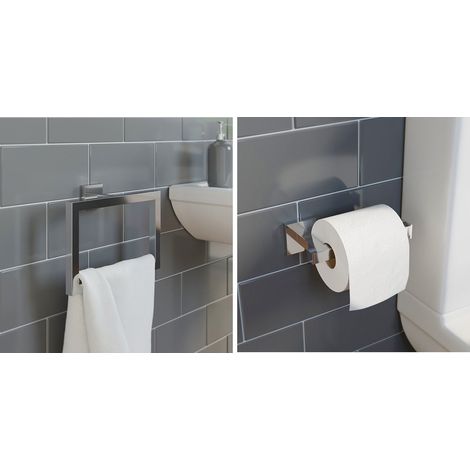 Bathroom Accessories Set Towel Ring Toilet Roll Holder Chrome Square Wall Mount (1/5)