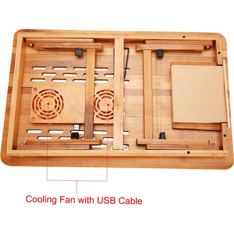 Support de bureau pliable en bambou pour ordinateur portable, plateau de petit-déjeuner/service au lit, hauteur réglable, plateau inclinable sur 4 angles avec ventilateur et tiroir de refroidissement (1/2)