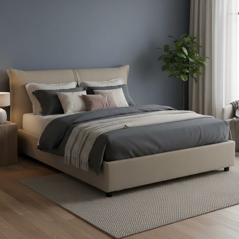 Talamo Italia Cama matrimonial Cloide, Cama contenedor con revestimiento de tela, 100% Made in Italy, Apertura frontal, con colchón de Cm 160x200 incluido, Tórtola, con embalaje reforzado (1/5)