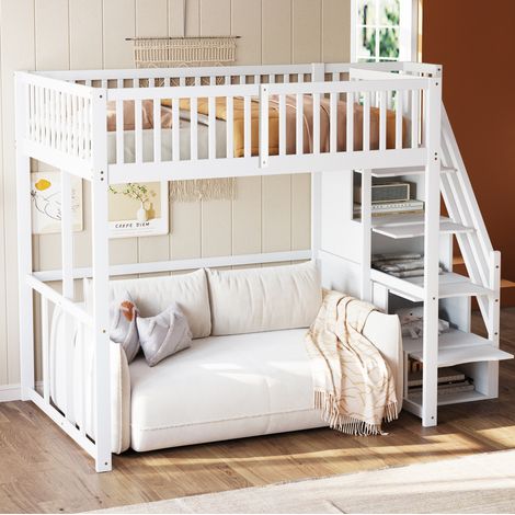 Letto a soppalco 252x147x180.5 cm, con scala contenitore, sponde di sicurezza, pino, bianco (1/5)
