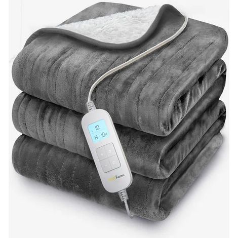 Couverture Chauffante Electrique - Plaid Double XXL 200x150cm - Micro-polaire - Sherpa - Gris (1/5)