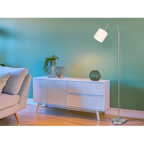 Kleine LED Stehleuchte Silber Stoffschirm Weiß mit Flexarm, Höhe 130cm (1/5)