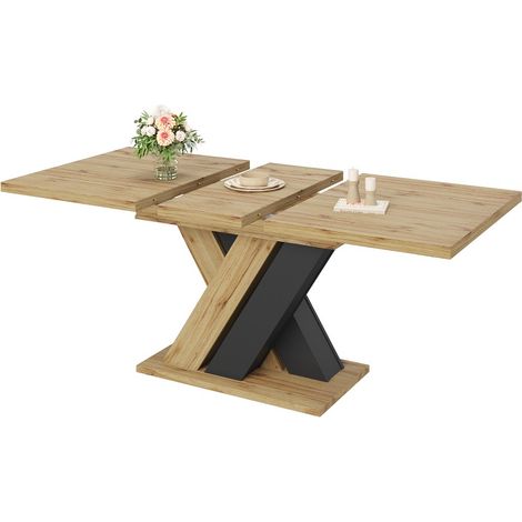 Table extensible salle à manger-cuisine-Bois massif noir-Pieds en X-Rallonges intégrées 119-159x80x75cm (1/5)