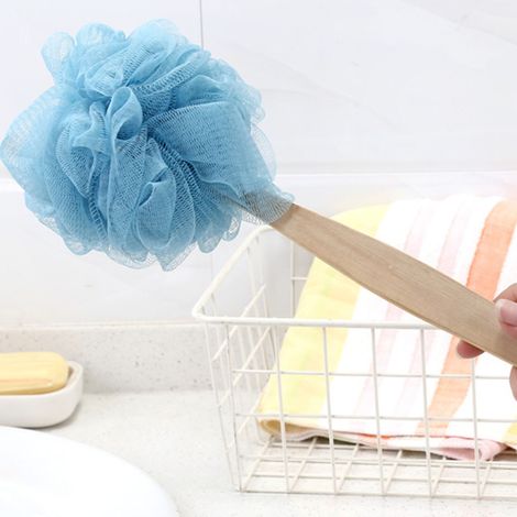 Éponge de bain, boule de bain à long manche, serviette de bain, brosse pour le dos, brosse bleue pour le dos. (1/5)