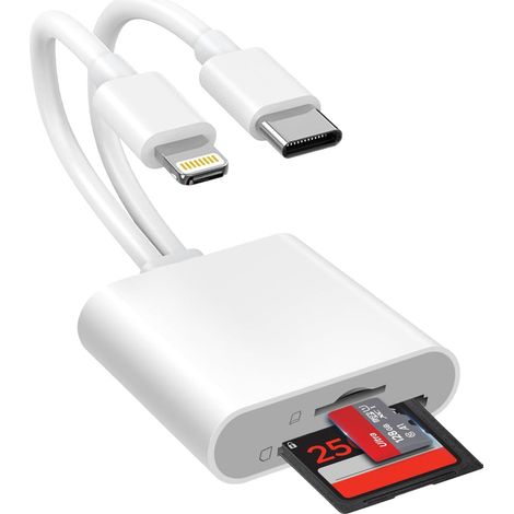 Lecteur de Carte SD à Double Emplacement pour microSD/SD, Adaptateur de Carte SD pour iPhone, iPad et Mac, visionneuse de Carte TF à Double connecteur Lightning et USBC (2 Slot) (1/5)