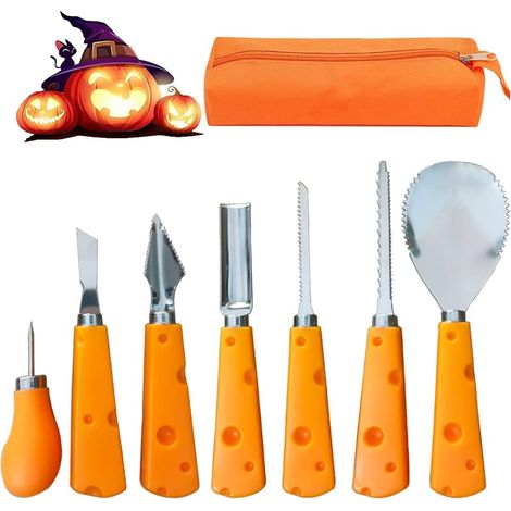 Kit de sculpture de citrouille d'Halloween en deux pièces, kit de sculpture de citrouille d'Halloween en acier inoxydable de 7 pièces avec sac de transport pour la décoration d'Halloween DIY Jack-o-la (1/2)