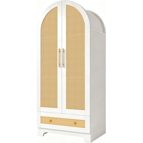 Armario blanco 70 x 55 x 170 cm con 2 puertas, cajones y estantes, diseño en imitación ratán, HOMVRA (1/5)
