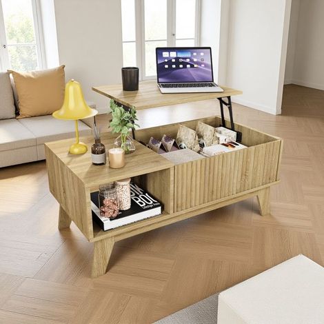 Tavolino da caffè rialzabile 95x48x42cm con spazio di stoccaggio, regolabile in altezza, legno massello naturale, stile moderno scandinavo per soggiorno (1/5)