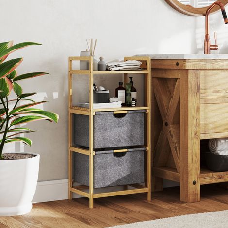 Étendoir à linge en bambou avec 2 paniers à linge en tissu, étagères ouvertes, gain de place, bois naturel (1/5)