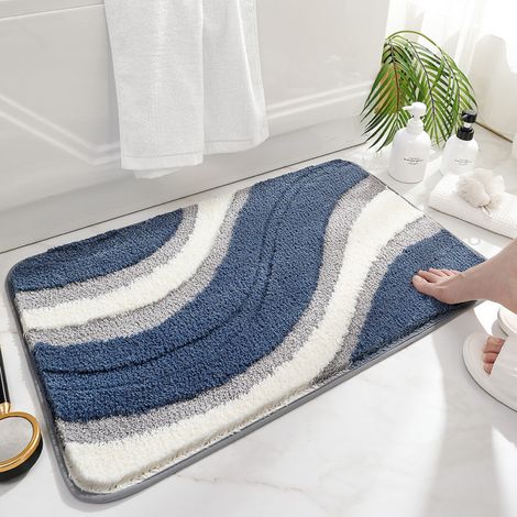 Tapis de bain antidérapant et absorbant – Tapis d’entrée lavable en fausse fourrure de mouton, design moderne bleu, 40 x 60 cm, idéal pour salle de bain, WC ou entrée-lsw