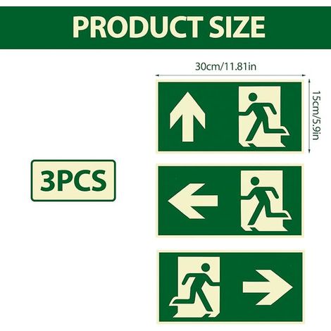 Photoluminescent Emergency Exit Sign Aluminium Sign Adhesive Installation Homes Buildings (1/3)