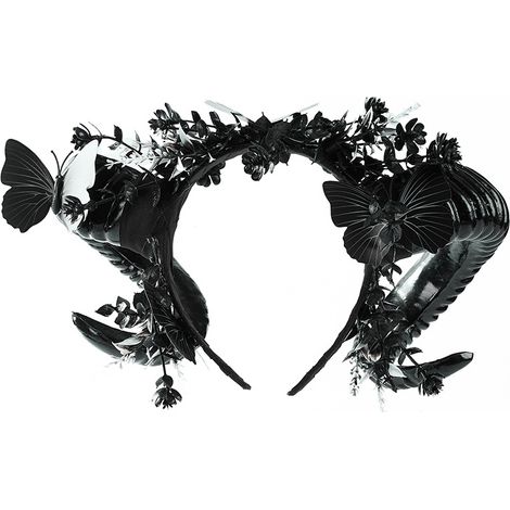 Halloween sheep horn headband, gothic Christmas party sheep horn black flower butterfly hair accessory, dark forest style photography prop (1/5)