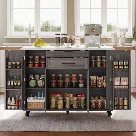 Isola da cucina 136x70x92 cm, piano estraibile, ampio spazio contenitivo, MDF, grigio (1/5)