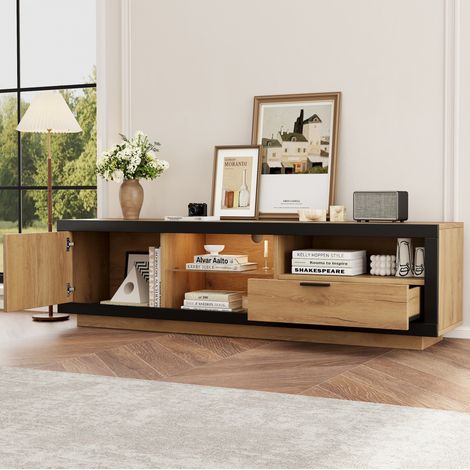 Meuble TV LED 160 cm avec rangement, verre trempé, noir et chêne, pour TV jusqu'à 70 pouces (1/5)