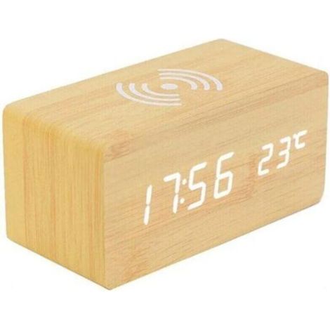 Réveil numérique en bois naturel avec affichage de la température ambiante et charge sans fil Qi compatible iPhone et Samsung – Design élégant pour chambre et bureau (1/4)