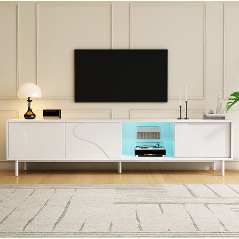 Mueble para TV blanco de 180x40x45 cm con 3 puertas correderas, iluminación LED controlada por aplicación, estante de cristal y patas de acero. (1/5)