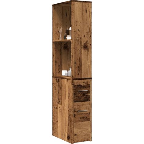 Badschrank Schmal mit Rollen Altholz-Optik Holzwerkstoff