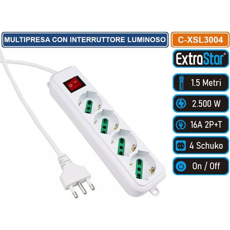 EXTRASTAR C-XSL3004 MULTIPRESA 4 POSTI 4 PRESE BIPASSO/SCHUKO COLORE BIANCO CON INTERRUTTORE GENERALE 2500 WATT (1/4)