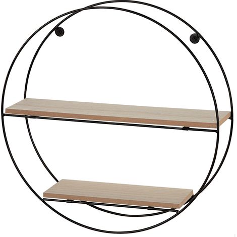 Etagère Murale, Ø40x10 cm, Max 4 kg, 2 étagères en Bois, Rond, Cadre métallique Noir, Design décoratif Moderne, pour Salon, Chambre à Coucher, Bureau (1/5)