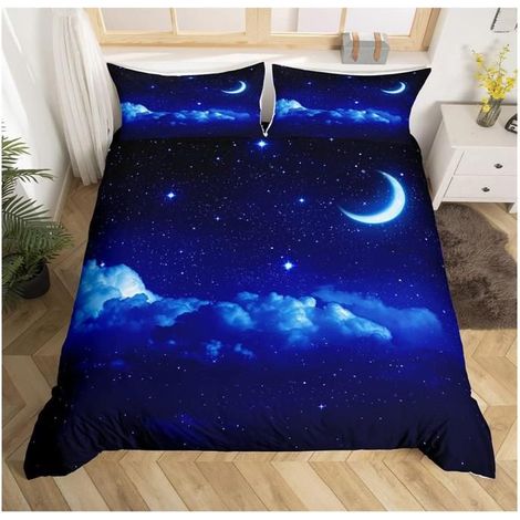 Blue Galaxy Sets de Housse de Couette Parure de Lit sur Le Thème de l'espace 200x200cm Ciel Étoilé Lune Housse de Couette - GZ9 (1/4)