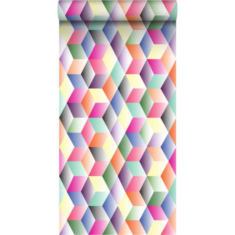 papier peint intissé XXL cubes 3D rose, jaune, vert et bleu - ESTAhome (1/5)