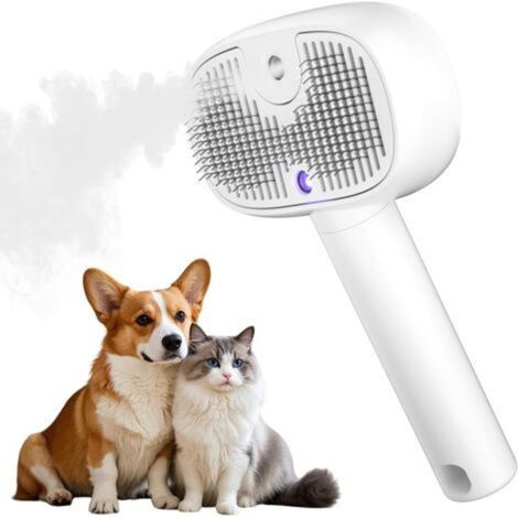 3-in-1 Dampf-Katzenbürste, Selbstreinigung per Knopfdruck – Wiederaufladbar, Katzenbürste für den Innenbereich, antistatische Bürste, Bürste für kurz- und langhaarige Katzen und Hunde, Weiß (1/4)