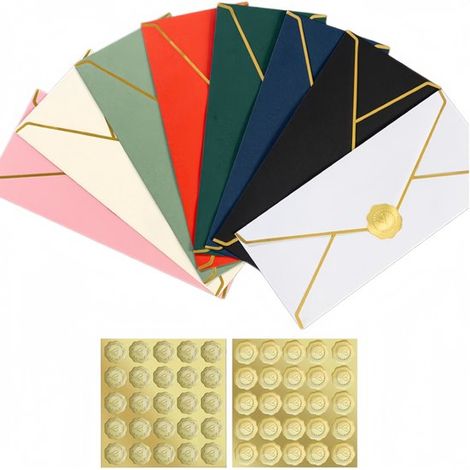 Set mit 40 farbenfrohen Mini Umschlägen mit V förmigem Klappverschluss inklusive Verschlussaufklebern mit Goldfolienrand für Hochzeiten, Einladun (1/5)