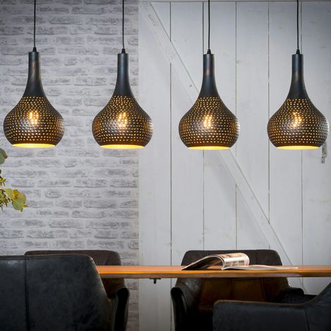 Suspension luminaire noir 4 lampes métal ajouré 130 cm JAVA (1/5)