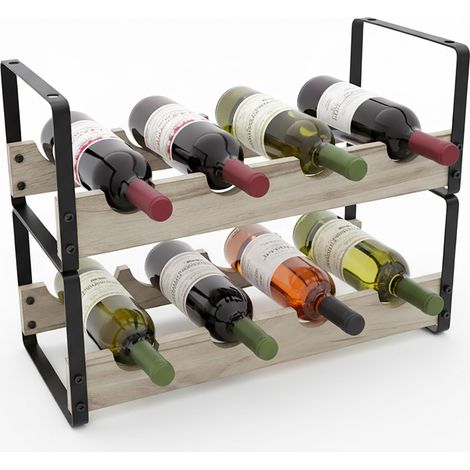 Relaxdays Weinregal, 8 Flaschen, Metall, Holz, HxBxT: 29 x 39,5 x 17,5 cm, Weinhalter stehend, Küche, Bar, schwarz/natur