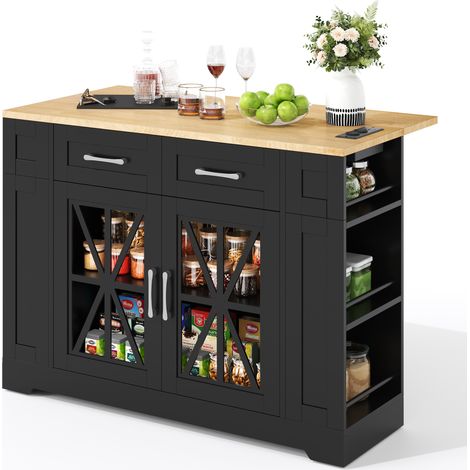 120cm tragbare Kücheninsel mit klappbarem Esstisch, offener Ablage, AC-Anschluss, USB-Anschluss, Glastür, verstellbares Laminat, Rollen mit Bremsen für Küche, Esszimmer, Wohnzimmer und mehr.