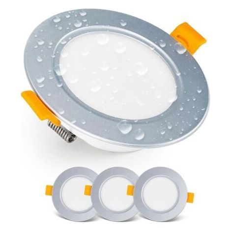 Recessed LED Spotlight LED Ceiling Spotlights IP54 For Bathroom, Damp Rooms, Warm White 3000K Set of 3 Extra Flat Round LED Spotlights 7 Watt (7W) / 700 Lumens, Silver (1/4)