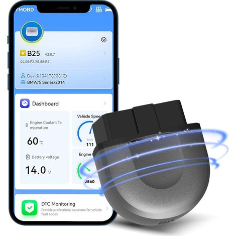 Scanner diagnostico OBD2, lettore di codici di errore, strumento di diagnostica auto Bluetooth per iOS e Android, lettura e cancellazione dei codici di errore del motore a benzina, 25 lingue, portatil (1/5)