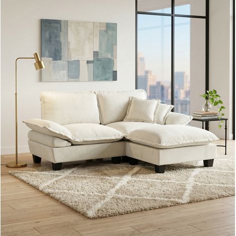 Canapé d'angle modulable avec pouf mobile et 2 coussins, en chenille beige (1/5)